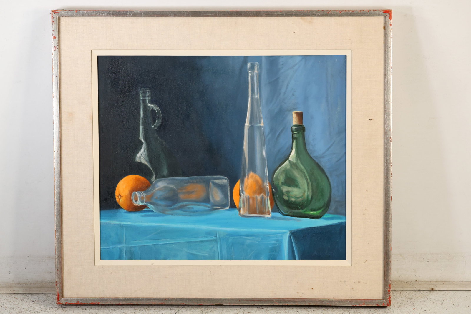 Robert Angeloch (1922–2011) — Still Life with Bottles and Oranges, Oil on Canvas: All descriptions were generated using AI technology and have not been reviewed or verified by a human. All items are sold as-is, where-is. It is the buyer’s responsibility to preview, examine, and a