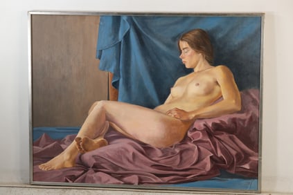 Robert Angeloch (1922–2011) — Reclining Nude with Blue and Burgundy Drapes, Oil on Canvas