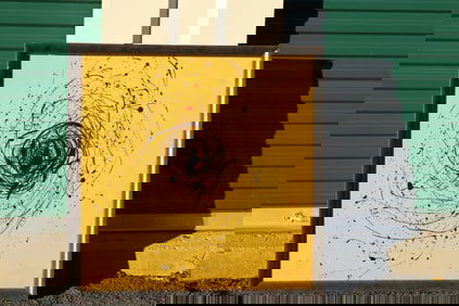 Thomas Pulgini Signed Abstract Expressionist Spiral Drip Painting on Yellow Background