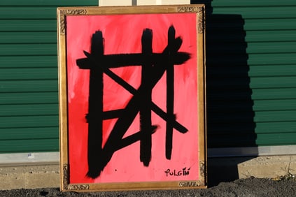 Thomas Pulgini Signed Abstract Geometric Painting in the Style of Franz Kline on Pink Background