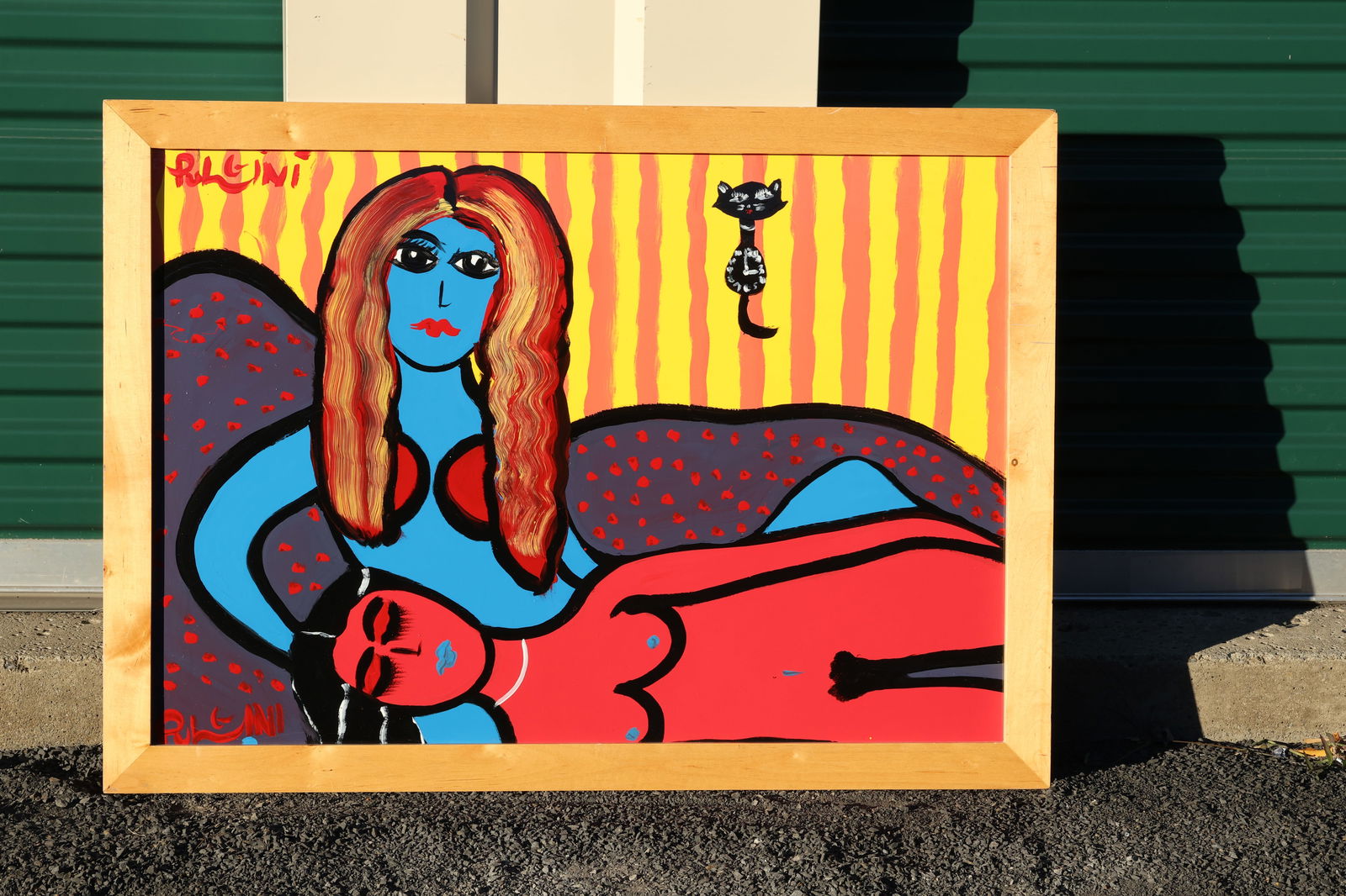 Thomas Pulgini Signed Two Nude Women on Couch with Cat Pop Expressionist Painting: All descriptions were generated using AI technology and have not been reviewed or verified by a human. All items are sold as-is, where-is. It is the buyer’s responsibility to preview, examine, and a