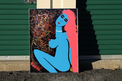 Thomas Pulgini Signed Seated Nude Woman with Splatter Background Pop Expressionist Painting