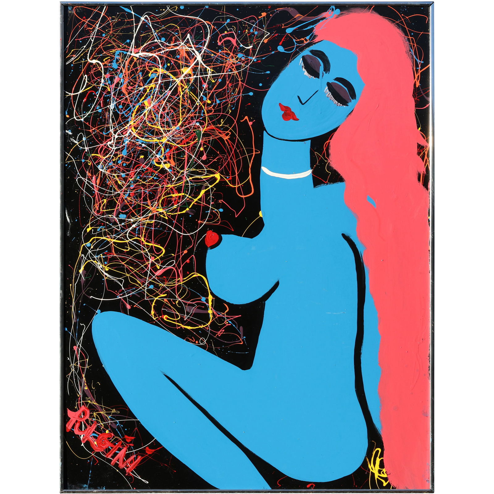 Thomas Pulgini Signed Seated Nude Woman with Splatter Background Pop Expressionist Painting: All descriptions were generated using AI technology and have not been reviewed or verified by a human. All items are sold as-is, where-is. It is the buyer’s responsibility to preview, examine, and a