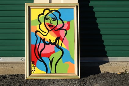 Thomas Pulgini Signed Nude Woman with Multicolor Abstract Background Pop Expressionist Painting