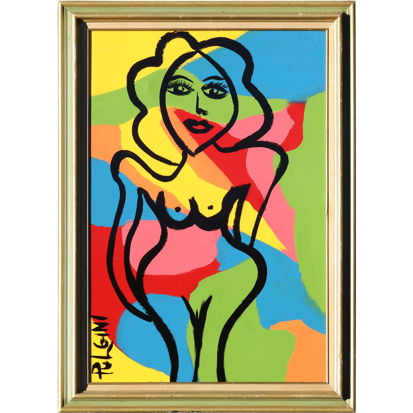 Thomas Pulgini Signed Nude Woman with Multicolor Abstract Background Pop Expressionist Painting: All descriptions were generated using AI technology and have not been reviewed or verified by a human. All items are sold as-is, where-is. It is the buyer’s responsibility to preview, examine, and a