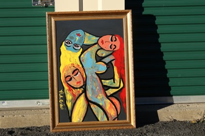 Thomas Pulgini Signed Painting of Three Multicolor Nude Women Expressionist Pop Art Style