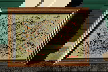 Thomas Pulgini Signed Abstract Drip Painting Green Background in the Style of Pollock