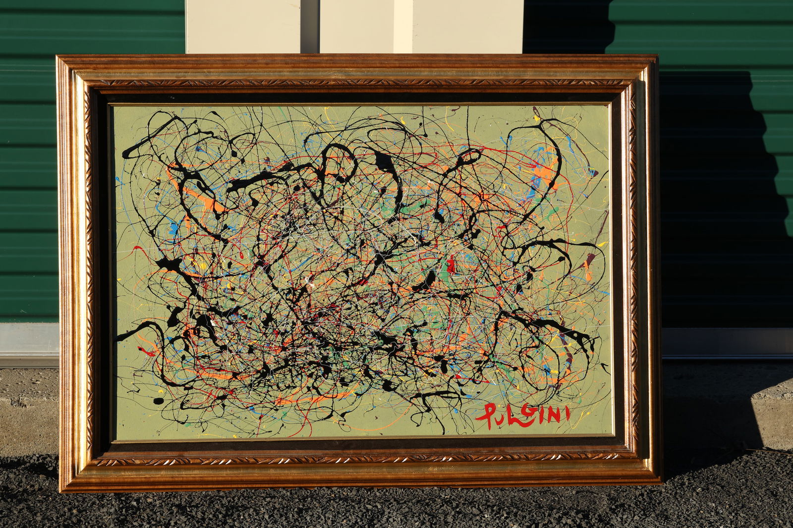 Thomas Pulgini Signed Abstract Drip Painting Green Background in the Style of Pollock (1 of 12)