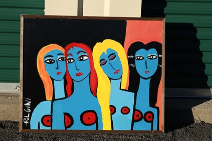 Thomas Pulgini Signed Painting Four Blue Nude Women Against Peach and Black Background