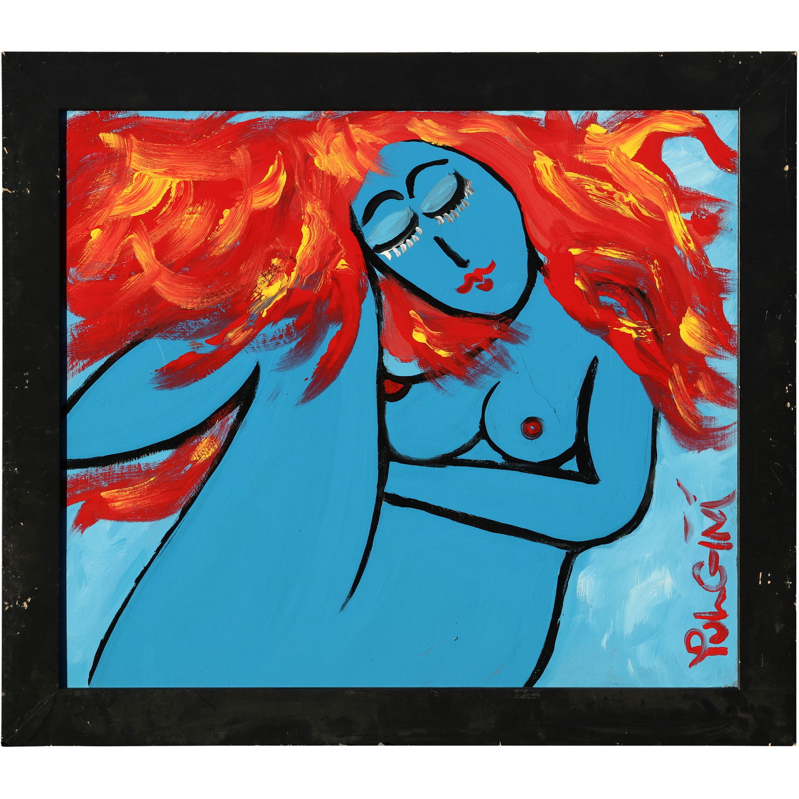Thomas Pulgini Signed Reclining Blue Nude Woman with Fiery Red Hair Modern Pop Art: All descriptions were generated using AI technology and have not been reviewed or verified by a human. All items are sold as-is, where-is. It is the buyer’s responsibility to preview, examine, and a