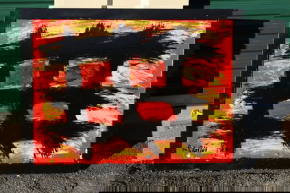 Thomas Pulgini Signed Abstract Painting in the Style of Franz Kline Red and Yellow Background