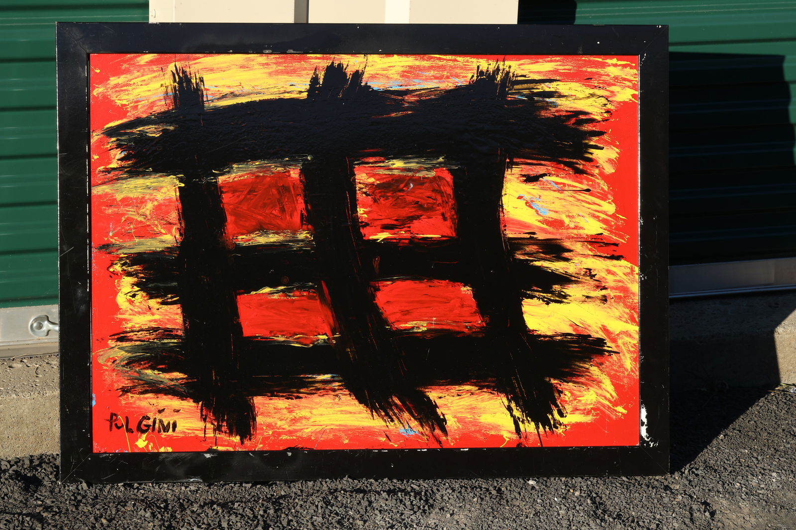 Thomas Pulgini Signed Abstract Painting in the Style of Franz Kline Red and Yellow Background: All descriptions were generated using AI technology and have not been reviewed or verified by a human. All items are sold as-is, where-is. It is the buyer’s responsibility to preview, examine, and a