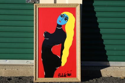 Thomas Pulgini Signed Blue Face Nude Woman with Blonde Hair on Red Background Modern Pop Art
