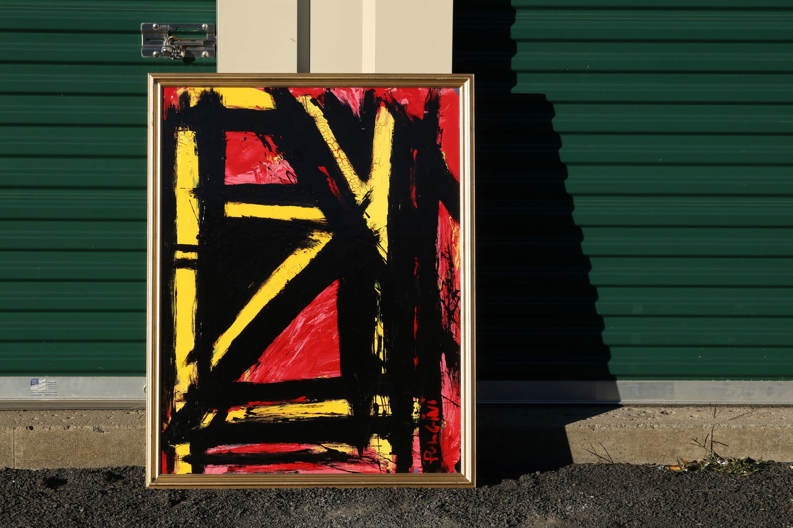 Thomas Pulgini Signed Abstract Expressionist Painting in the Style of Franz Kline Red and Yellow: All descriptions were generated using AI technology and have not been reviewed or verified by a human. All items are sold as-is, where-is. It is the buyer’s responsibility to preview, examine, and a