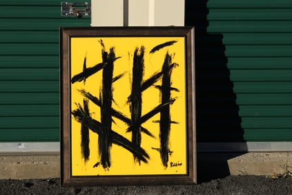 Thomas Pulgini Signed Abstract Expressionist Painting in the Style of Franz Kline on Yellow