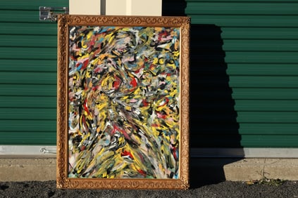 Thomas Pulgini Signed Multicolor Abstract Expressionist Painting in the Style of Jackson Pollock
