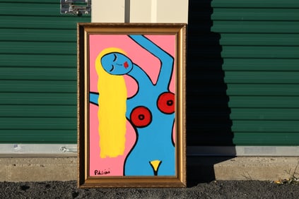 Thomas Pulgini Signed Blue Nude Woman Painting with Pink Background