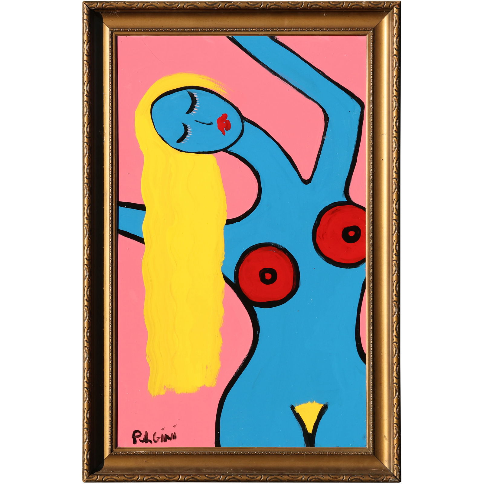 Thomas Pulgini Signed Blue Nude Woman Painting with Pink Background: All descriptions were generated using AI technology and have not been reviewed or verified by a human. All items are sold as-is, where-is. It is the buyer’s responsibility to preview, examine, and a