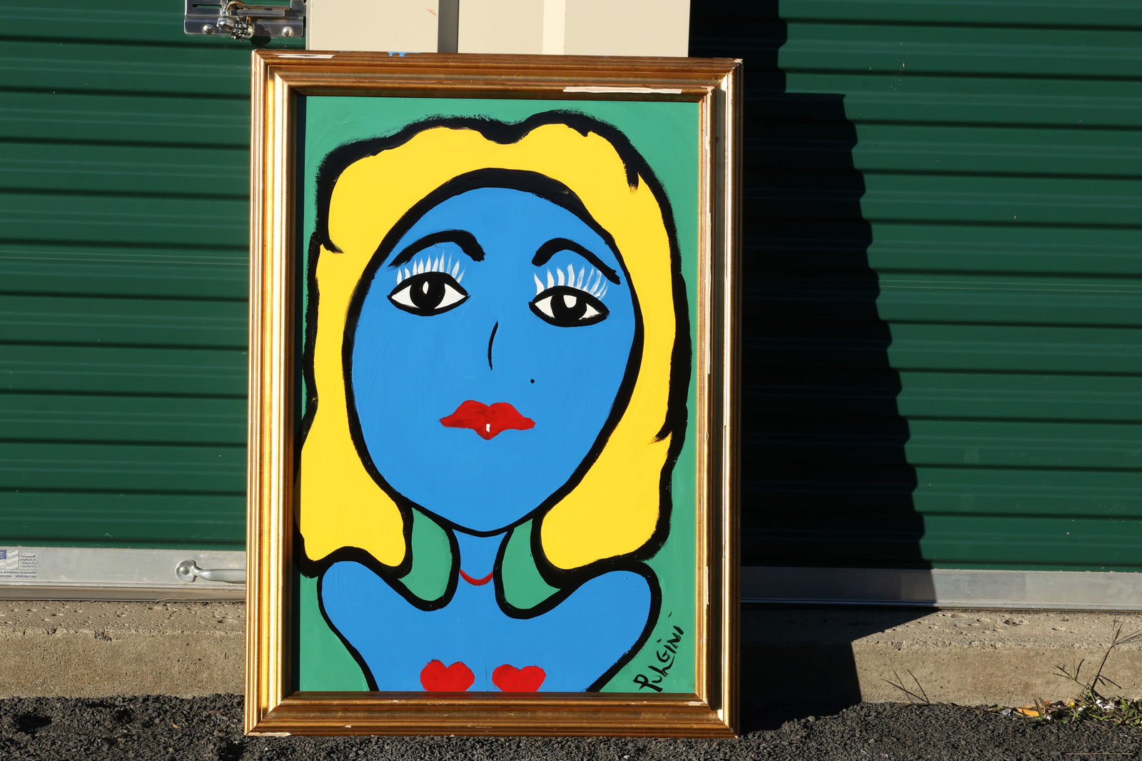 Thomas Pulgini Signed Blue Woman with Blonde Hair and Enlarged Head Painting on Green Background: All descriptions were generated using AI technology and have not been reviewed or verified by a human. All items are sold as-is, where-is. It is the buyer’s responsibility to preview, examine, and a