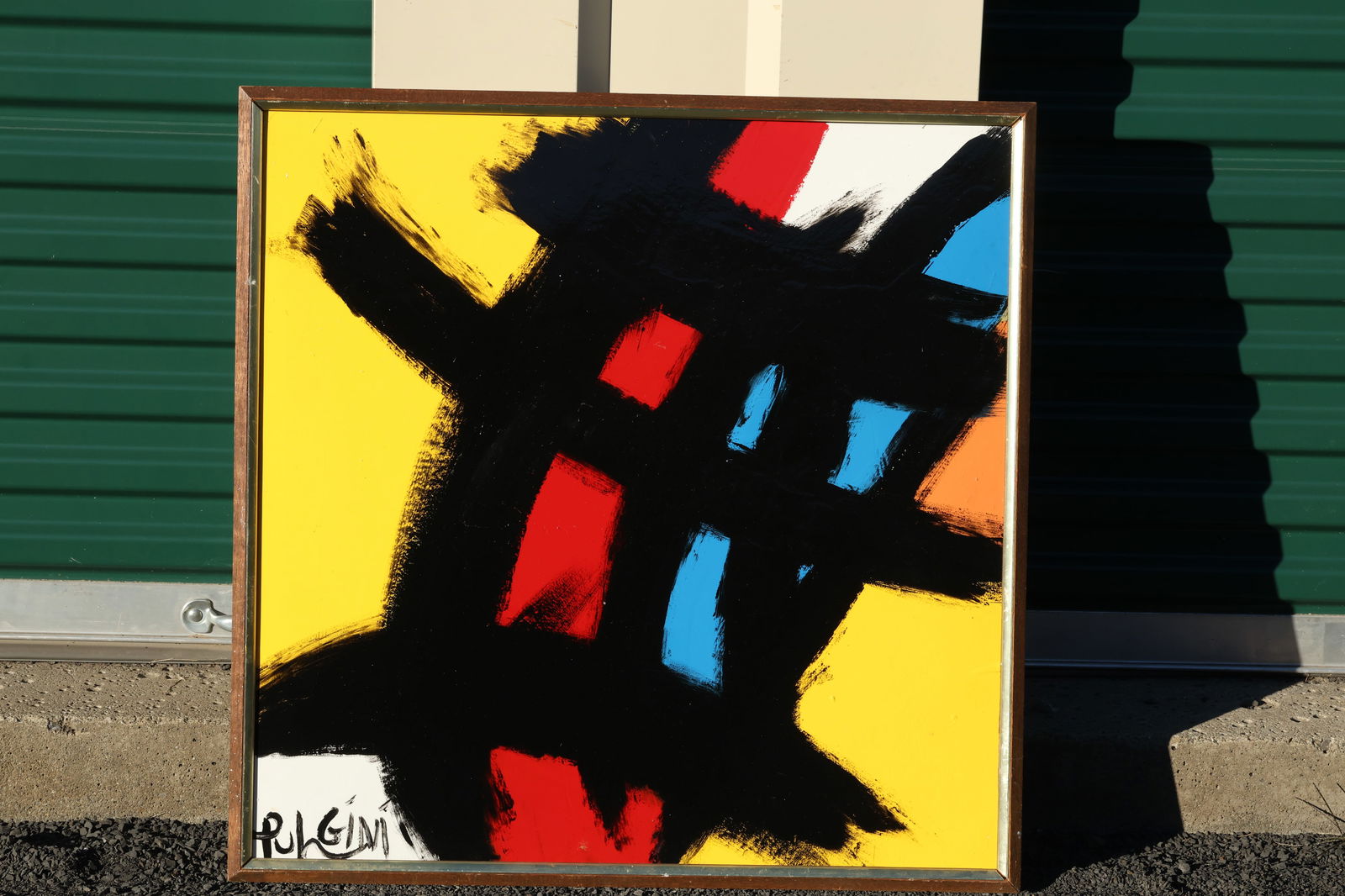 Thomas Pulgini Signed Abstract Painting with Yellow Background and Bold Black Brushstrokes: All descriptions were generated using AI technology and have not been reviewed or verified by a human. All items are sold as-is, where-is. It is the buyer’s responsibility to preview, examine, and a