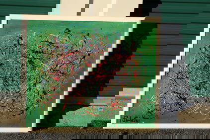 Thomas Pulgini Signed Abstract Drip Painting on Green Background in the Style of Pollock