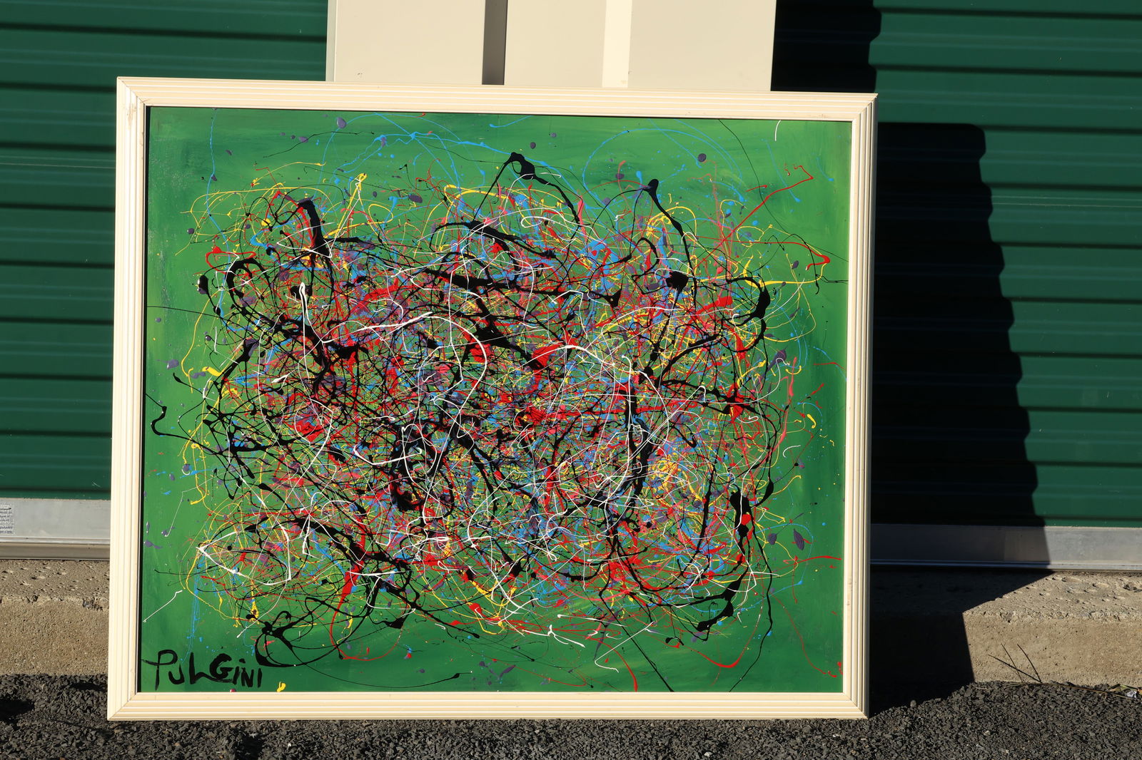 Thomas Pulgini Signed Abstract Drip Painting on Green Background in the Style of Pollock: All descriptions were generated using AI technology and have not been reviewed or verified by a human. All items are sold as-is, where-is. It is the buyer’s responsibility to preview, examine, and a