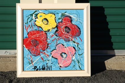 Thomas Pulgini Signed Pop Art Flower Painting in the Style of Andy Warhol with Drip Accents
