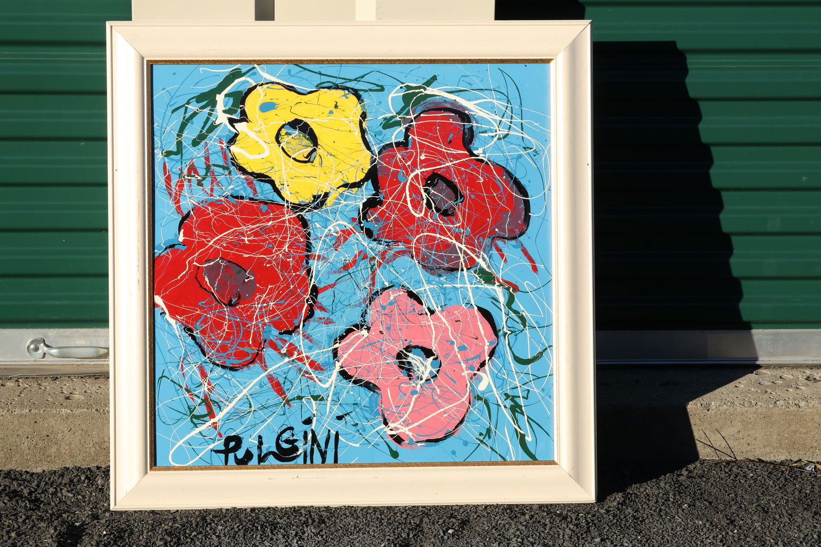 Thomas Pulgini Signed Pop Art Flower Painting in the Style of Andy Warhol with Drip Accents: All descriptions were generated using AI technology and have not been reviewed or verified by a human. All items are sold as-is, where-is. It is the buyer’s responsibility to preview, examine, and a