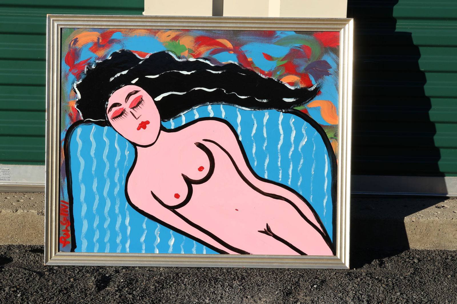 Thomas Pulgini Signed Reclining Nude Woman Painting with Multicolor Background and Flowing Hair: All descriptions were generated using AI technology and have not been reviewed or verified by a human. All items are sold as-is, where-is. It is the buyer’s responsibility to preview, examine, and a