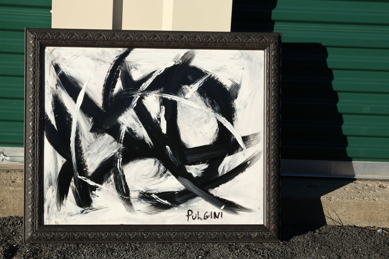 Thomas Pulgini Signed Abstract Black and White Painting in the Style of Franz Kline: All descriptions were generated using AI technology and have not been reviewed or verified by a human. All items are sold as-is, where-is. It is the buyer’s responsibility to preview, examine, and a