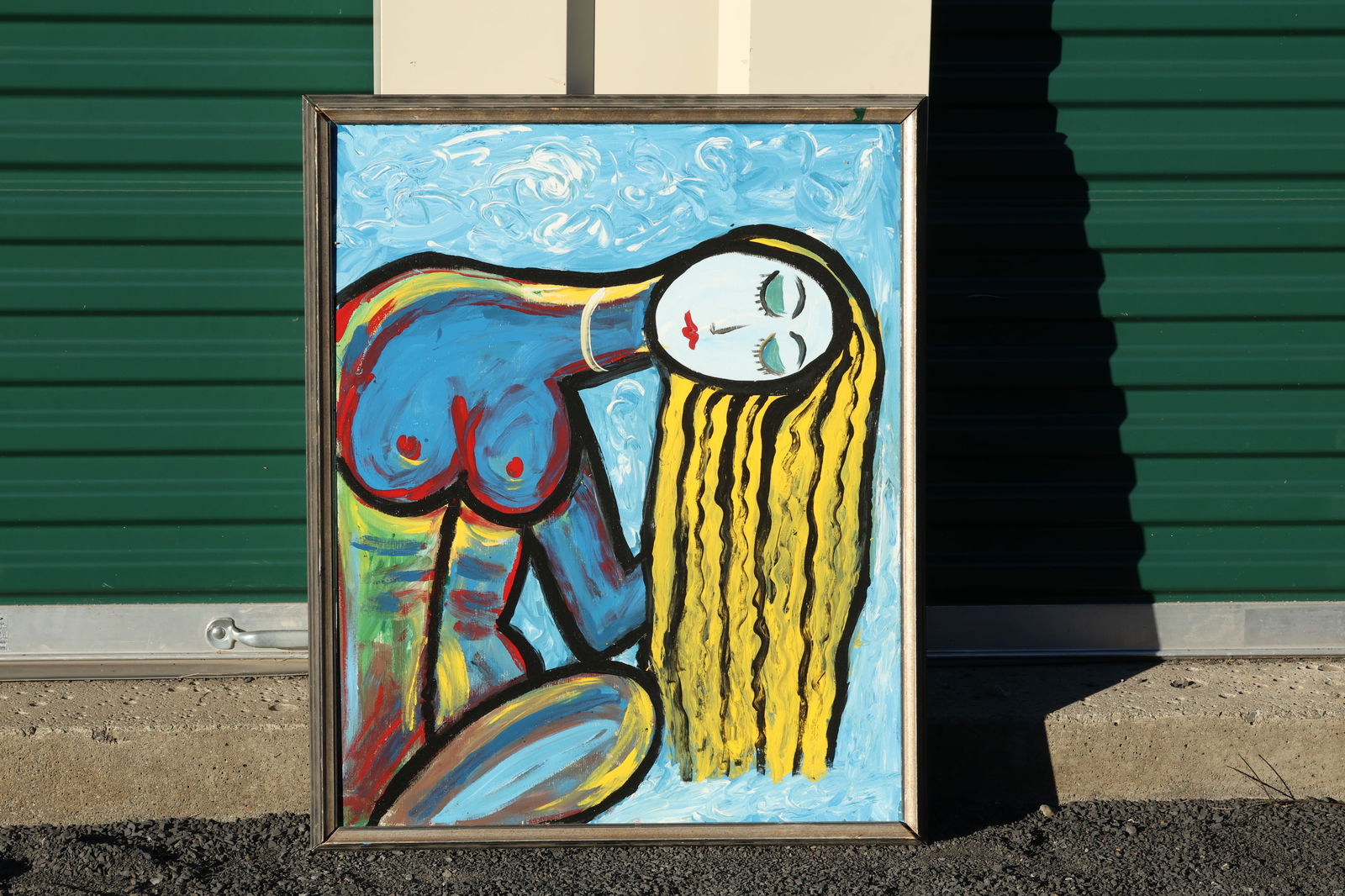 Thomas Pulgini Signed Nude Woman Painting in the Style of Picasso with Textured Blue Background: All descriptions were generated using AI technology and have not been reviewed or verified by a human. All items are sold as-is, where-is. It is the buyer’s responsibility to preview, examine, and a
