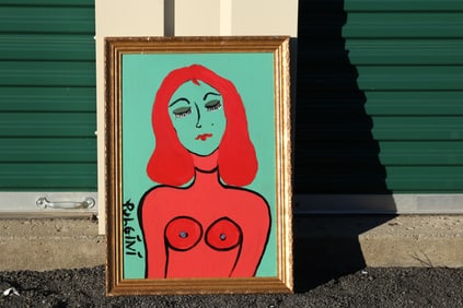 Thomas Pulgini Signed Nude Woman with Red Hair on Turquoise Background Pop Art Style Painting