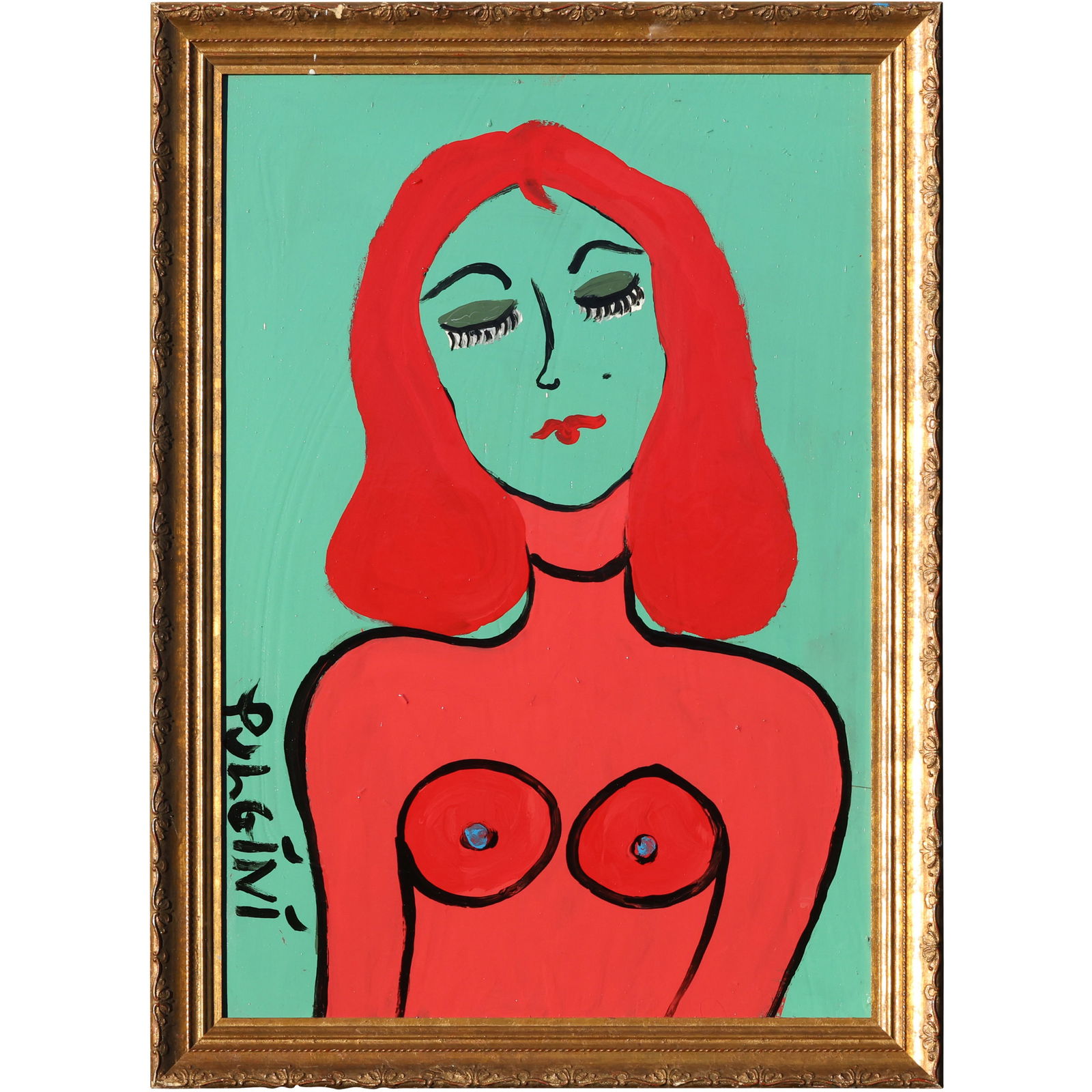 Thomas Pulgini Signed Nude Woman with Red Hair on Turquoise Background Pop Art Style Painting: All descriptions were generated using AI technology and have not been reviewed or verified by a human. All items are sold as-is, where-is. It is the buyer’s responsibility to preview, examine, and a