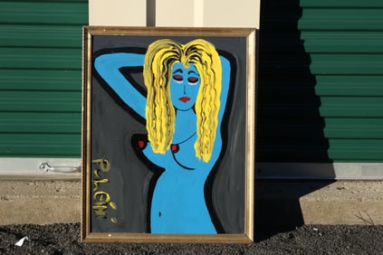 Thomas Pulgini Signed Blue Nude Woman with Yellow Hair on Gray Background Pop Art Style Painting