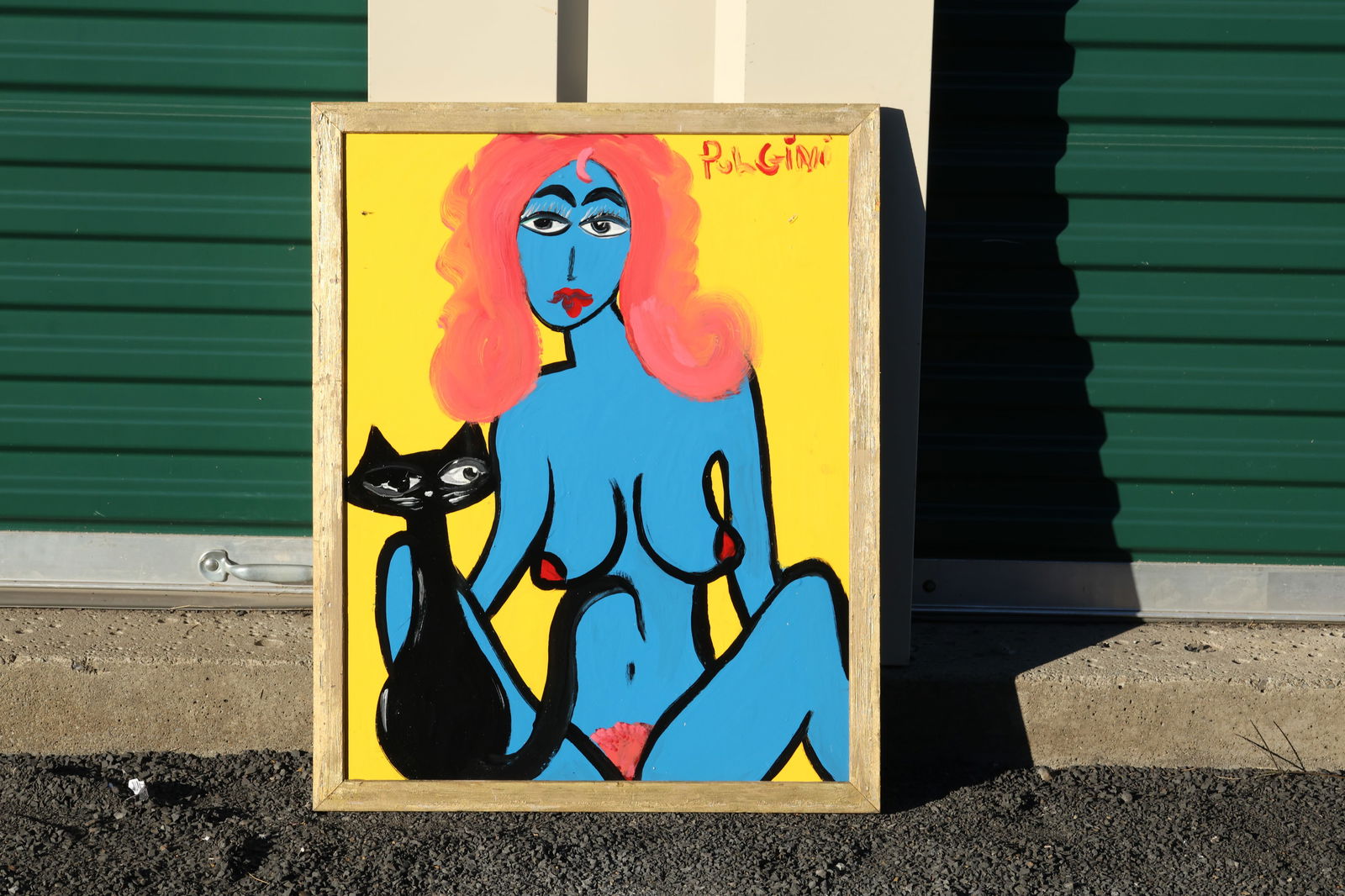 Thomas Pulgini Signed Blue Nude Woman with Cat on Yellow Background Pop Art Style Painting: All descriptions were generated using AI technology and have not been reviewed or verified by a human. All items are sold as-is, where-is. It is the buyer’s responsibility to preview, examine, and a
