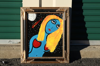 Thomas Pulgini Signed Blue Woman with Moon and Comet Starry Night Pop Art Style Painting