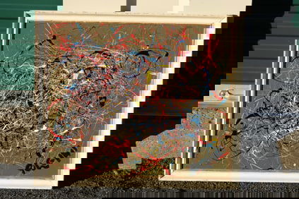 Thomas Pulgini Signed Abstract Drip Painting on Olive Background in the Style of Jackson Pollock