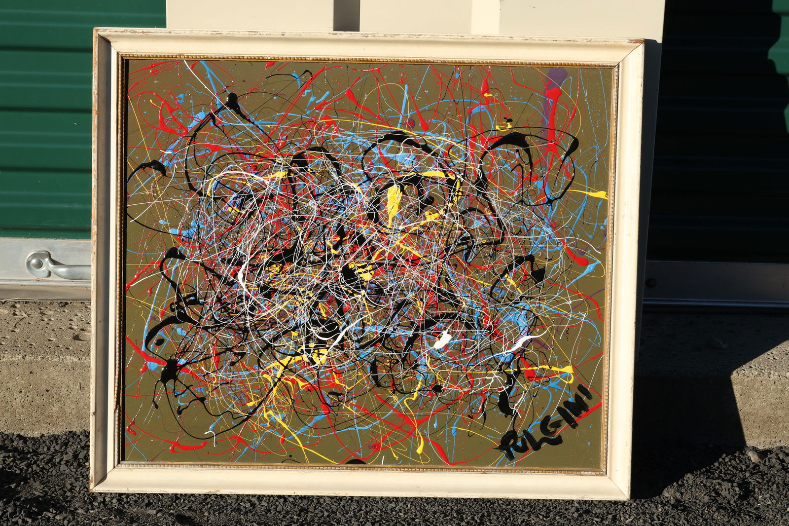 Thomas Pulgini Signed Abstract Drip Painting on Olive Background in the Style of Jackson Pollock (1 of 10)