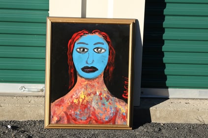 Thomas Pulgini Signed Blue-Faced Male Portrait with Textured Multicolor Torso Abstract Expressionist