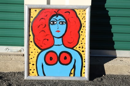Thomas Pulgini Signed Pop Art Style Painting Blue Woman with Red Afro on Yellow Background