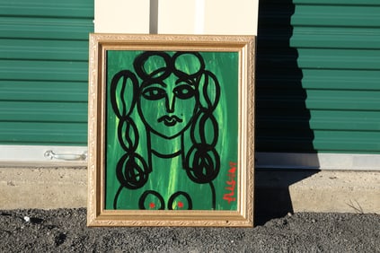 Thomas Pulgini Signed Modernist Portrait Black Line Female on Green Background Picasso Style