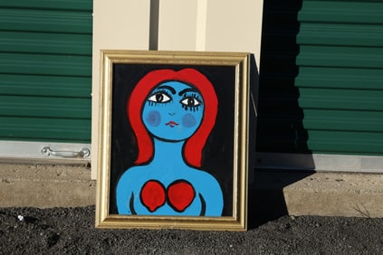 Thomas Pulgini Signed Pop Art Painting Blue Woman with Red Hair and Lemon-Shaped Breasts