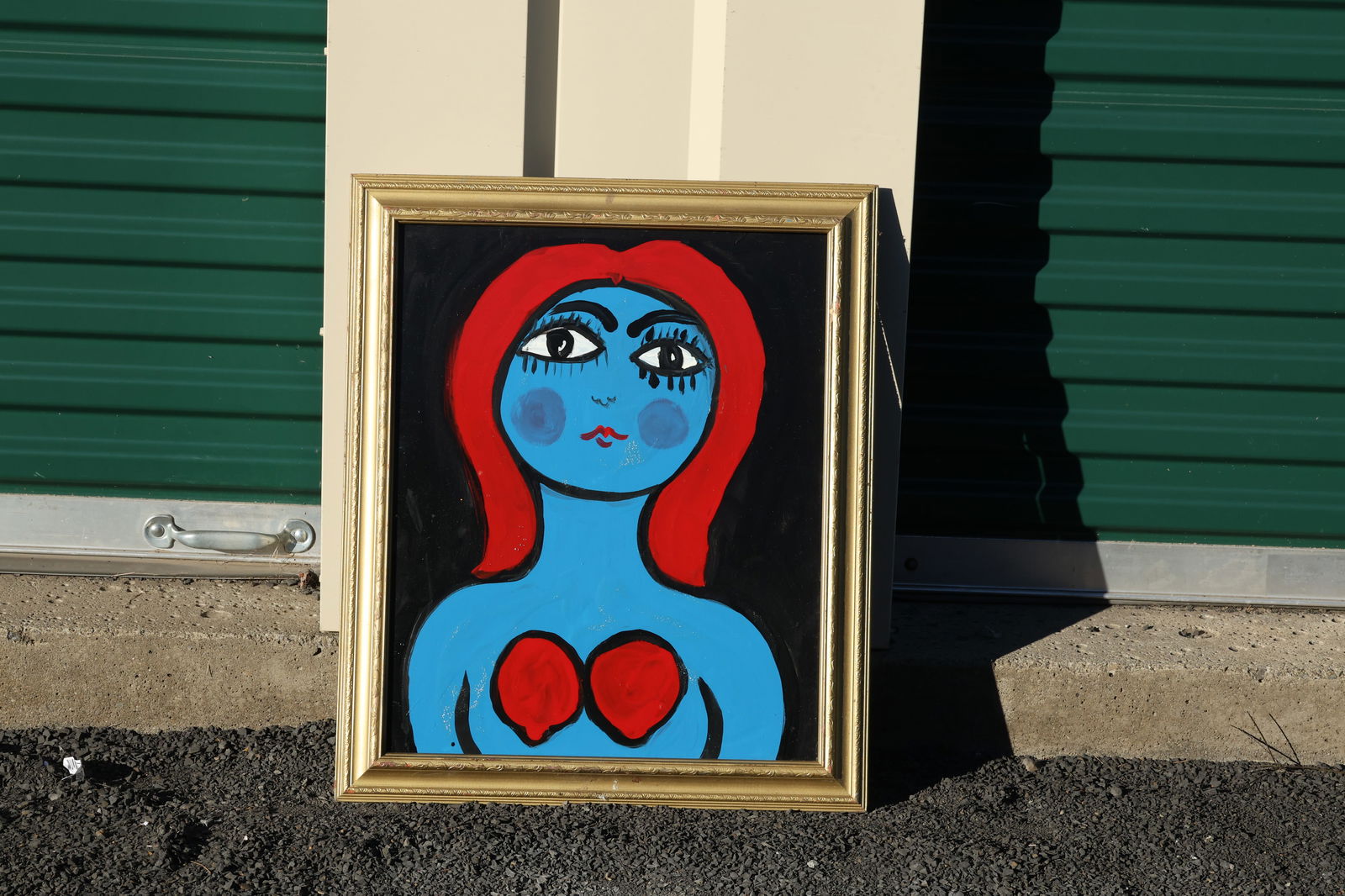 Thomas Pulgini Signed Pop Art Painting Blue Woman with Red Hair and Lemon-Shaped Breasts: All descriptions were generated using AI technology and have not been reviewed or verified by a human. All items are sold as-is, where-is. It is the buyer’s responsibility to preview, examine, and a