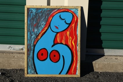 Thomas Pulgini Signed Pop Art Blue Nude with Flowing Red Hair Abstract Background