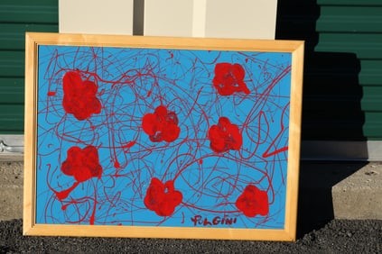 Thomas Pulgini Signed Abstract Red Flowers on Blue Background Drip Painting Pop Art Style
