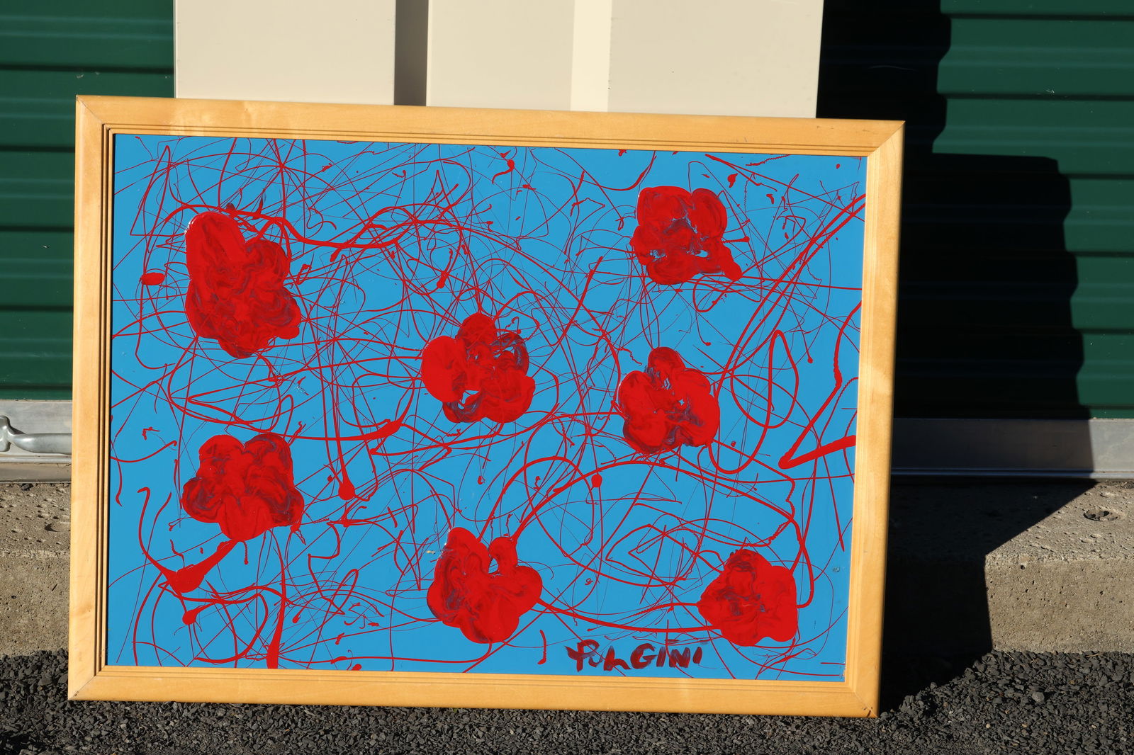 Thomas Pulgini Signed Abstract Red Flowers on Blue Background Drip Painting Pop Art Style: All descriptions were generated using AI technology and have not been reviewed or verified by a human. All items are sold as-is, where-is. It is the buyer’s responsibility to preview, examine, and a
