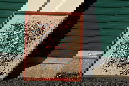 Thomas Pulgini Signed Abstract Expressionist Drip Painting on Tan Background Pollock Style