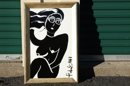 Thomas Pulgini Signed Black and White Abstract Nude Woman with Flowing Hair Modernist Style