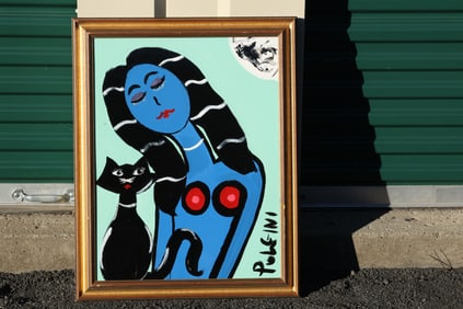 Thomas Pulgini Signed Blue Nude Woman with Black Cat and Moon Modern Pop Art Style Painting