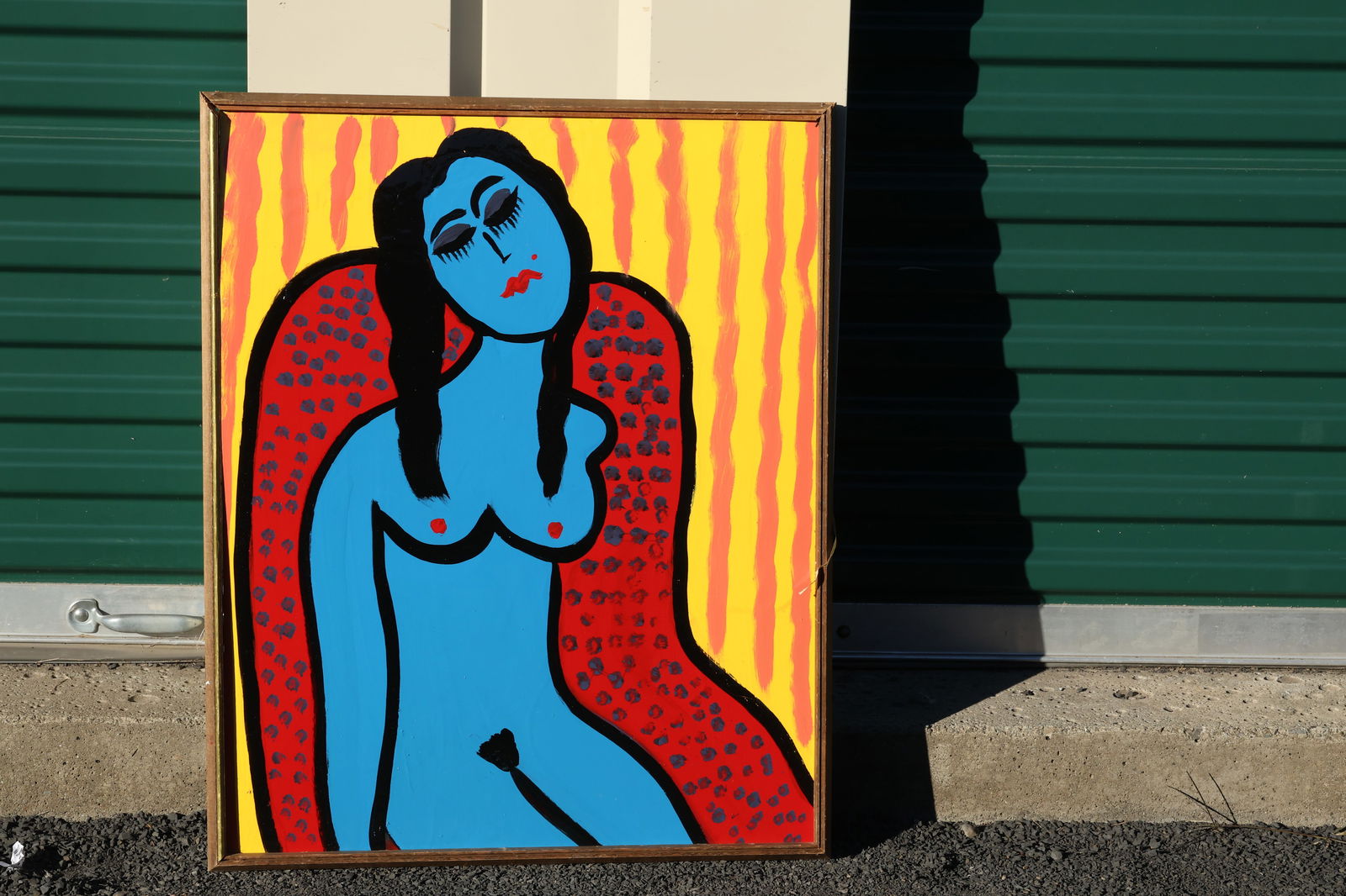 Thomas Pulgini Signed Blue Nude Woman on Spotted Red Chair with Yellow Striped Background Modern Art: All descriptions were generated using AI technology and have not been reviewed or verified by a human. All items are sold as-is, where-is. It is the buyer’s responsibility to preview, examine, and a